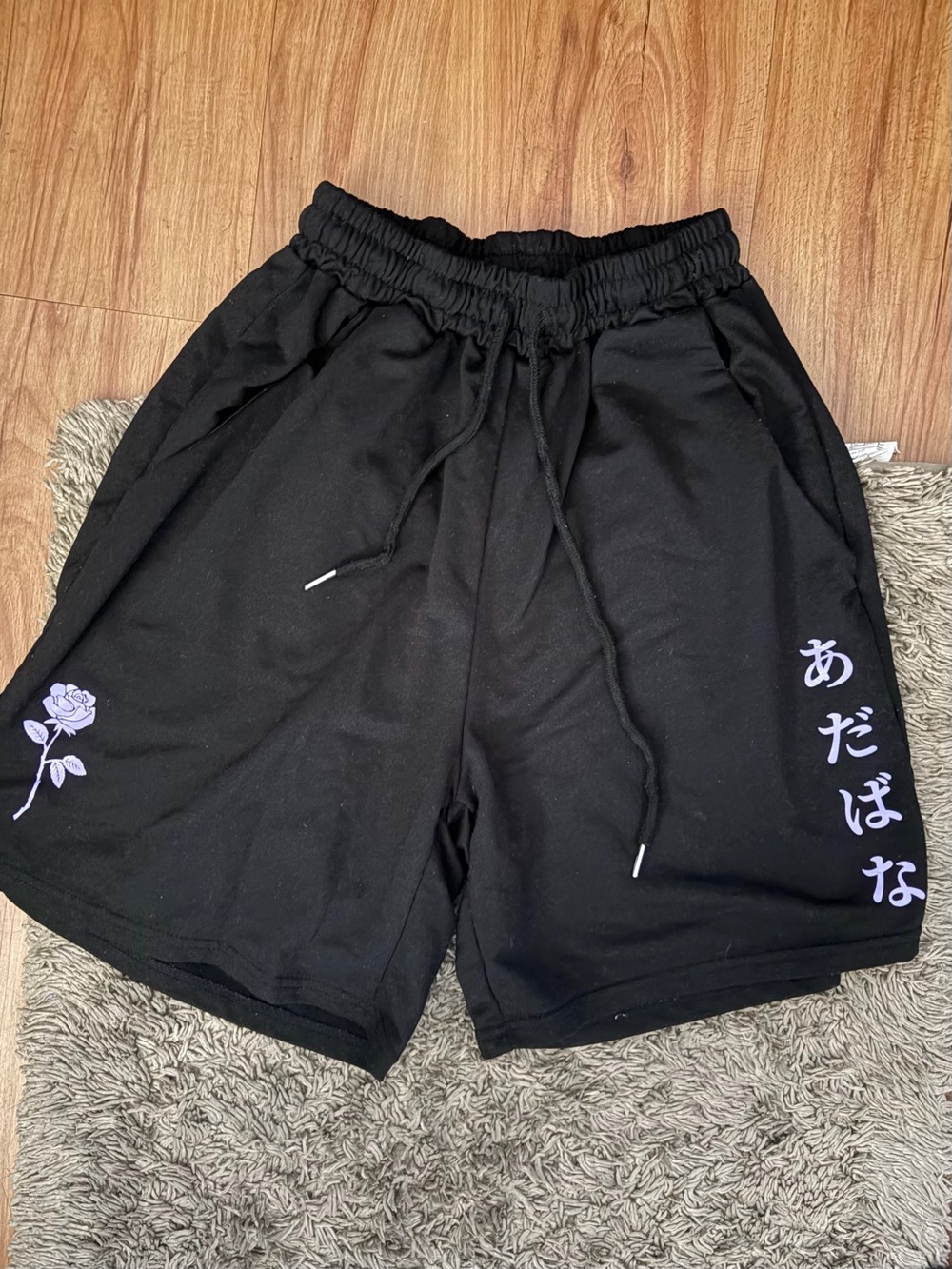 Romwe Black Drawstring Casual Shorts with Lavender Graphics